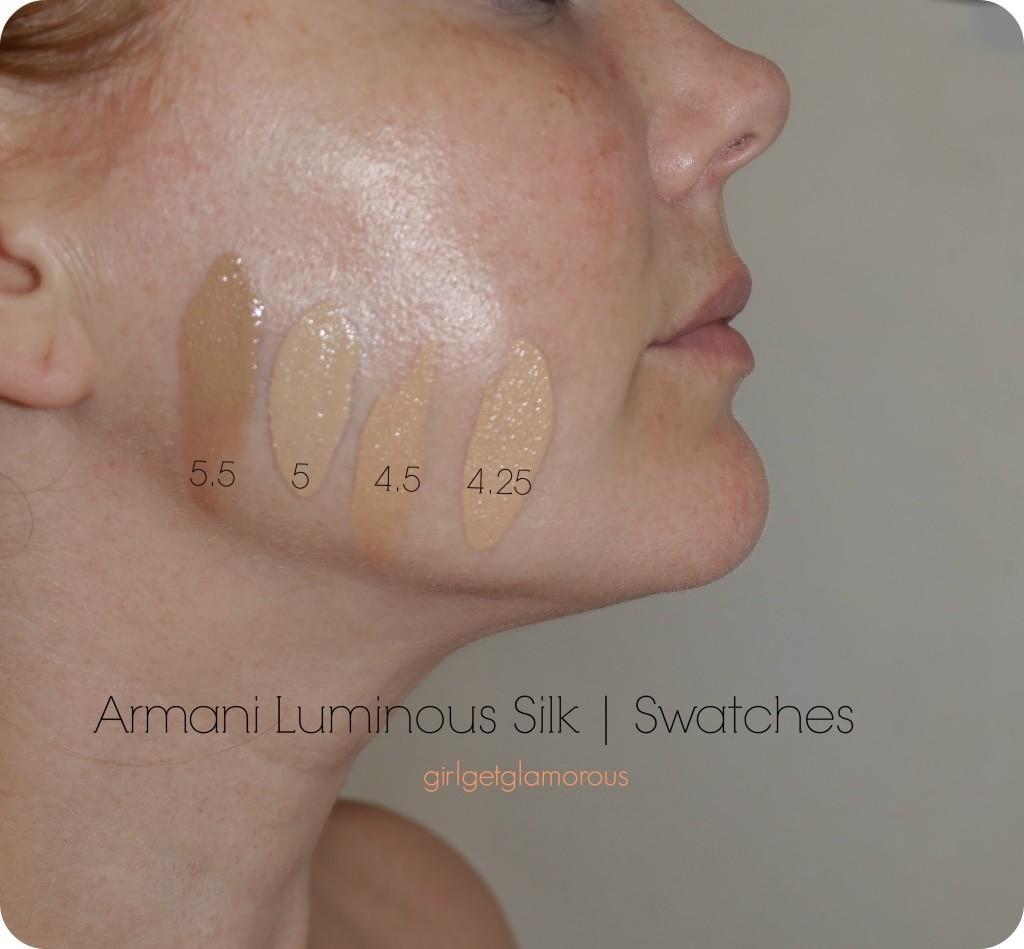armani luminious silk foundation swatches shades fair light 4.25 4.5 5 5.5 maestro glow highlighter review pictures