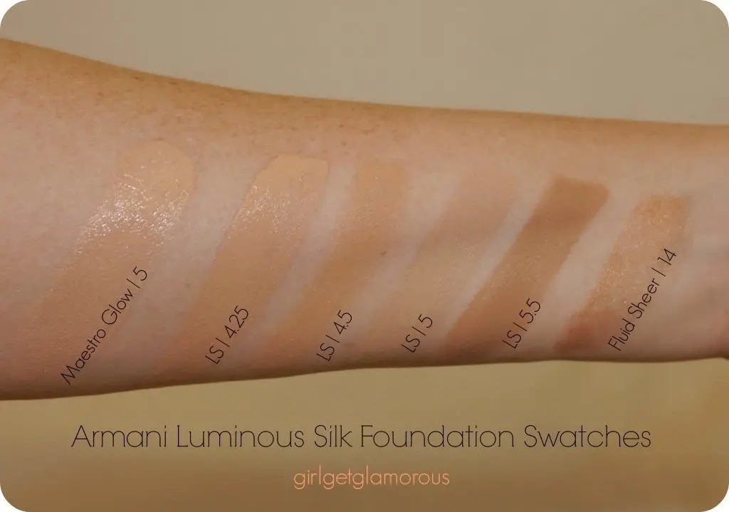 armani luminious silk foundation swatches shades fair light 4.25 4.5 5 5.5 maestro glow highlighter review pictures